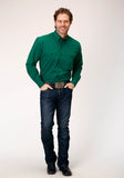 MENS LONG SLEEVE BUTTON BLACK FILL SOLID GREEN WESTERN SHIRT