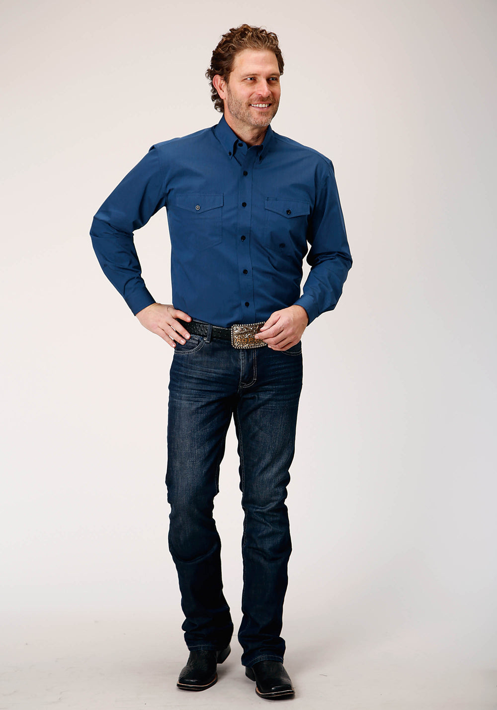 MENS LONG SLEEVE BUTTON BLACK FILL SOLID BLUE WESTERN SHIRT