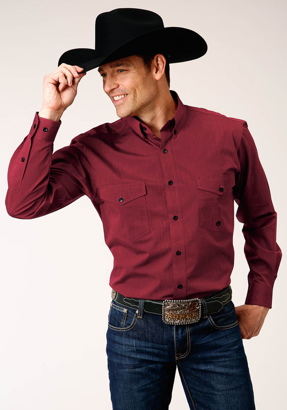 MENS LONG SLEEVE BUTTON BLACK FILL  SOLID RED WESTERN SHIRT