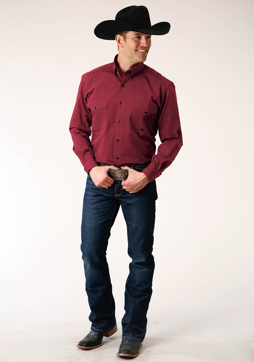 MENS LONG SLEEVE BUTTON BLACK FILL  SOLID RED WESTERN SHIRT