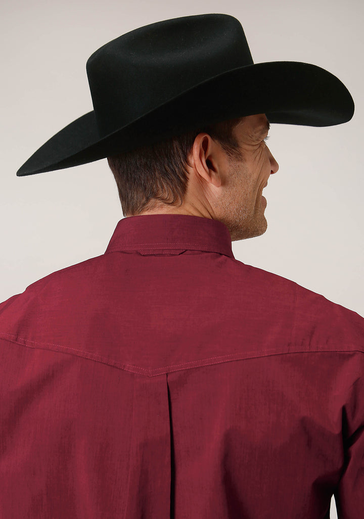 MENS LONG SLEEVE BUTTON BLACK FILL  SOLID RED WESTERN SHIRT