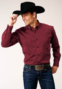 MENS LONG SLEEVE BUTTON BLACK FILL SOLID  WINE WESTERN SHIRT