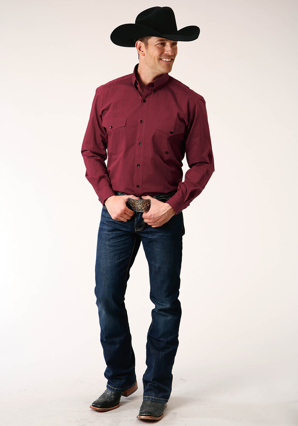 MENS LONG SLEEVE BUTTON BLACK FILL SOLID  WINE WESTERN SHIRT