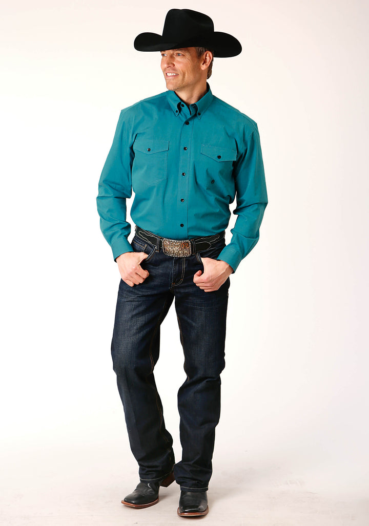 MENS LONG SLEEVE BUTTON BLACK FILL SOLID  TEAL WESTERN SHIRT
