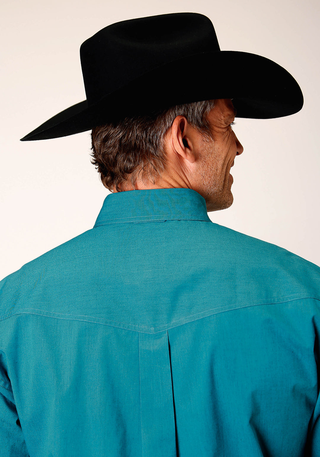MENS LONG SLEEVE BUTTON BLACK FILL SOLID  TEAL WESTERN SHIRT