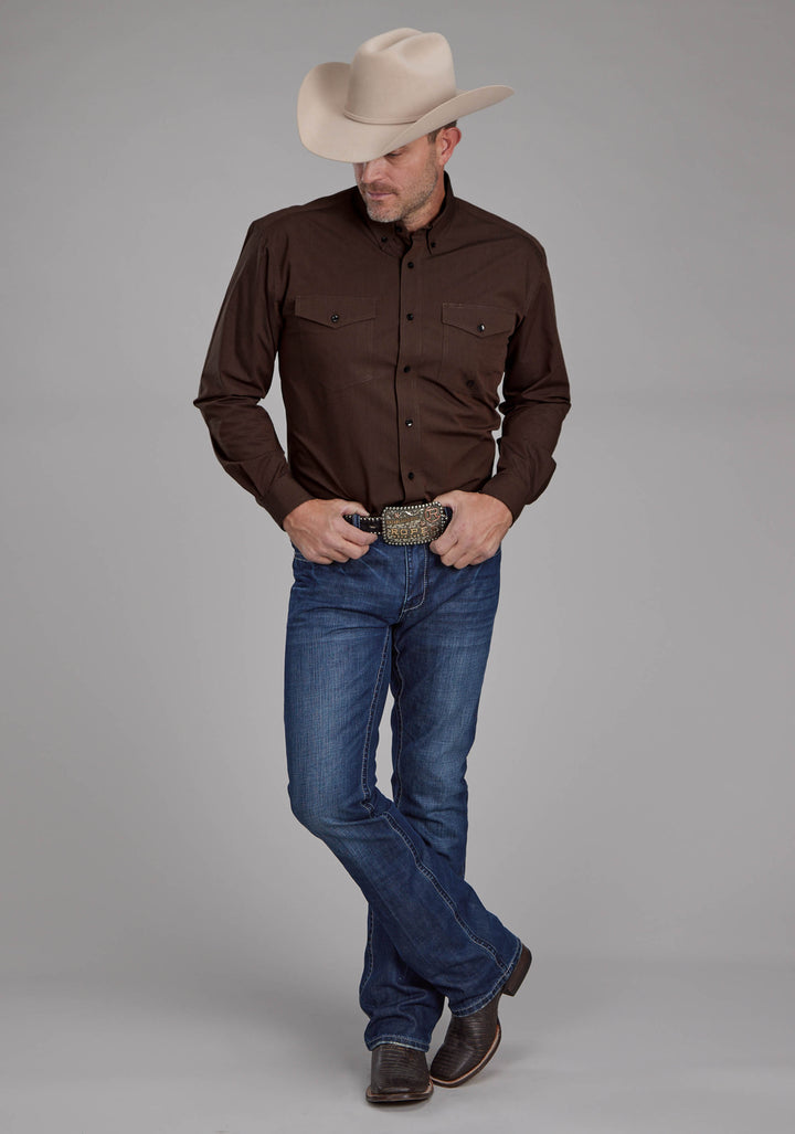 MENS BLACK FILL POPLIN - POLIN BROWN LONG SLEEVE BUTTON WESTERN SHIRT