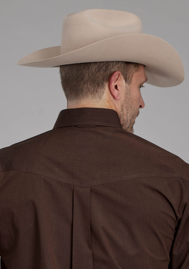 MENS BLACK FILL POPLIN - POLIN BROWN LONG SLEEVE BUTTON WESTERN SHIRT