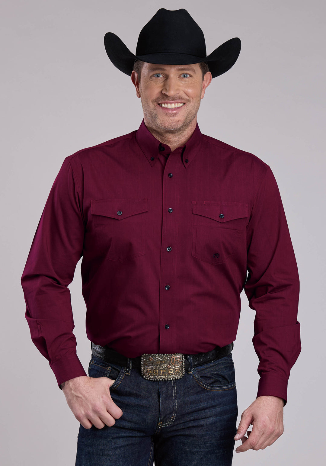 MENS LONG SLEEVE BUTTON BLACK FILL - WINE WESTERN SHIRT