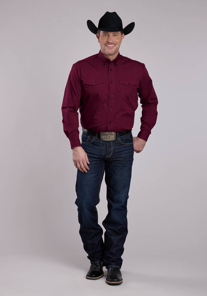 MENS LONG SLEEVE BUTTON BLACK FILL - WINE WESTERN SHIRT