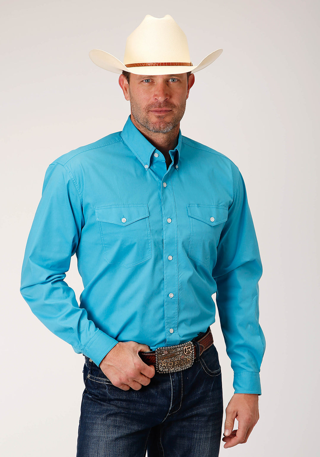 MENS LONG SLEEVE BUTTON STRETCH POPLIN  TURQUOISE WESTERN SHIRT