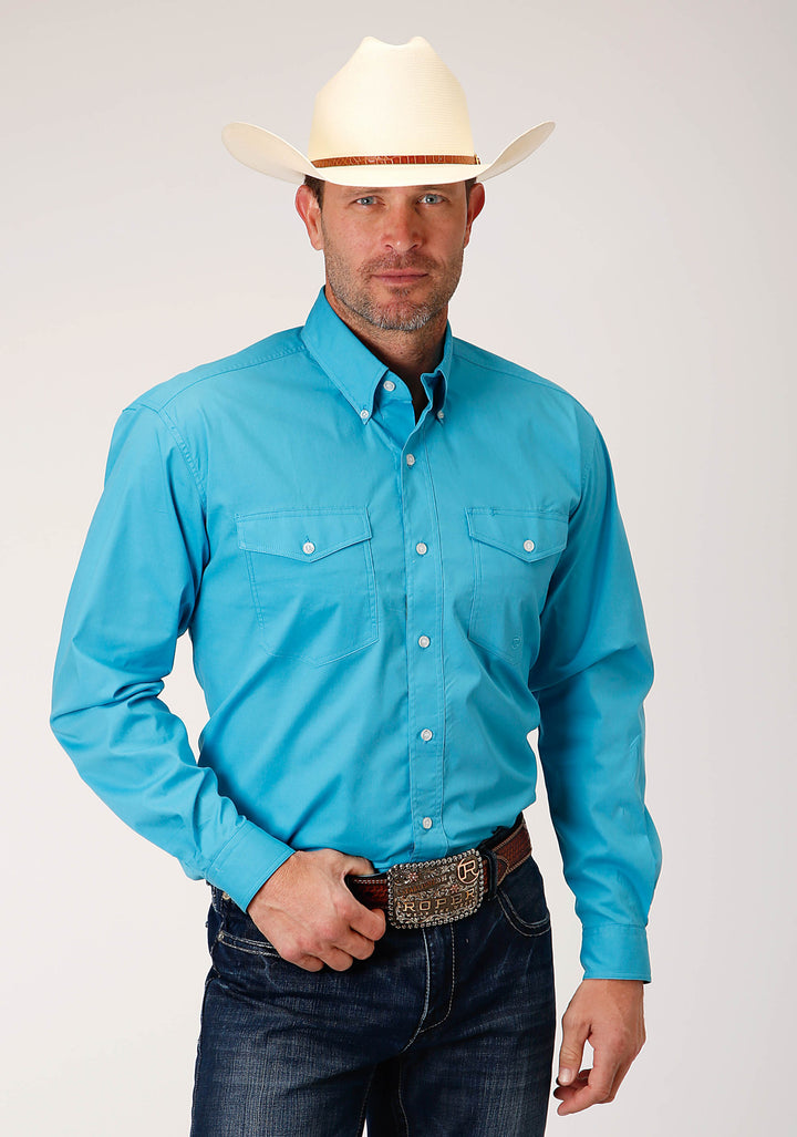 MENS LONG SLEEVE BUTTON STRETCH POPLIN  TURQUOISE WESTERN SHIRT