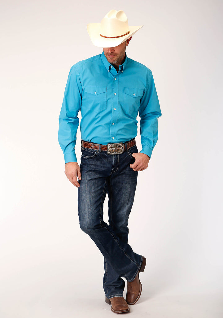 MENS LONG SLEEVE BUTTON STRETCH POPLIN  TURQUOISE WESTERN SHIRT