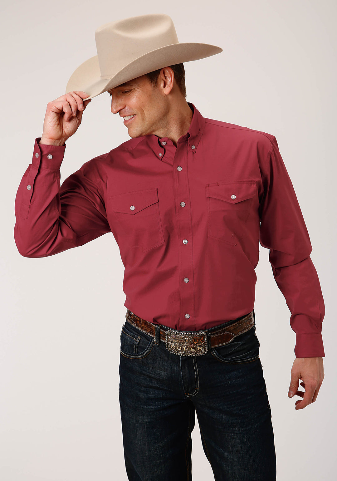 MENS LONG SLEEVE BUTTON STRETCH POPLIN  RED WESTERN SHIRT