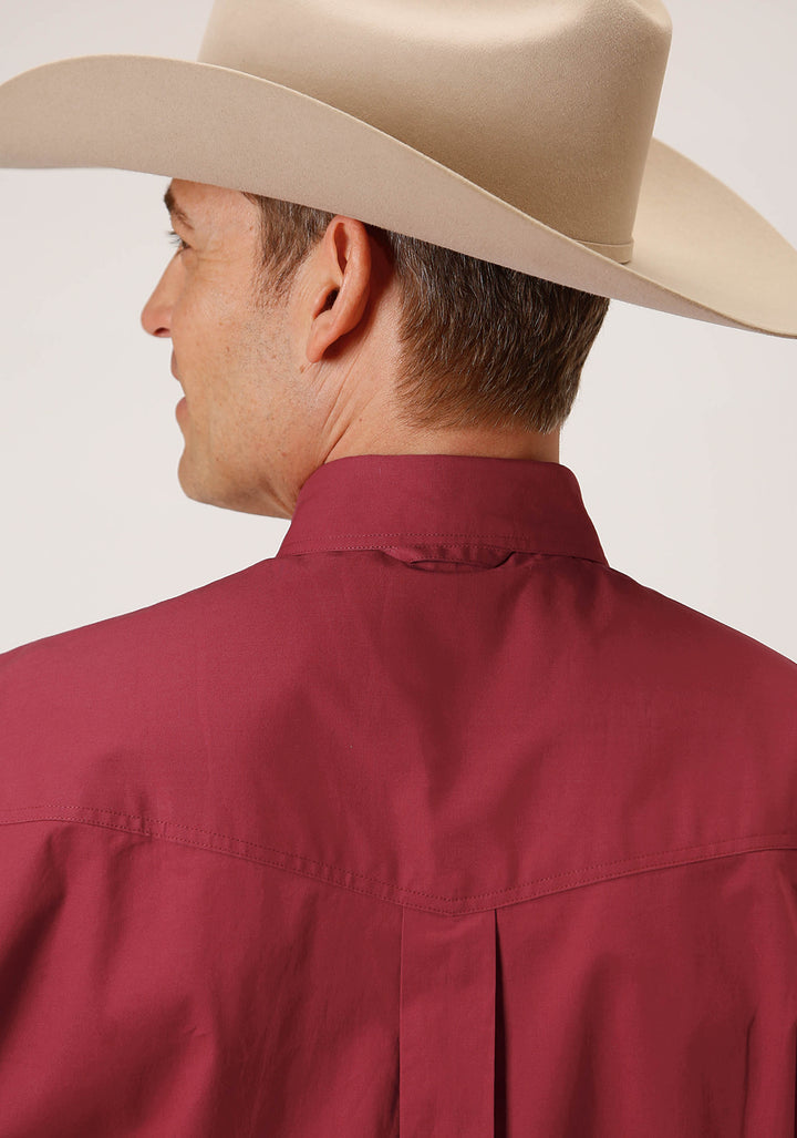 MENS LONG SLEEVE BUTTON STRETCH POPLIN  RED WESTERN SHIRT