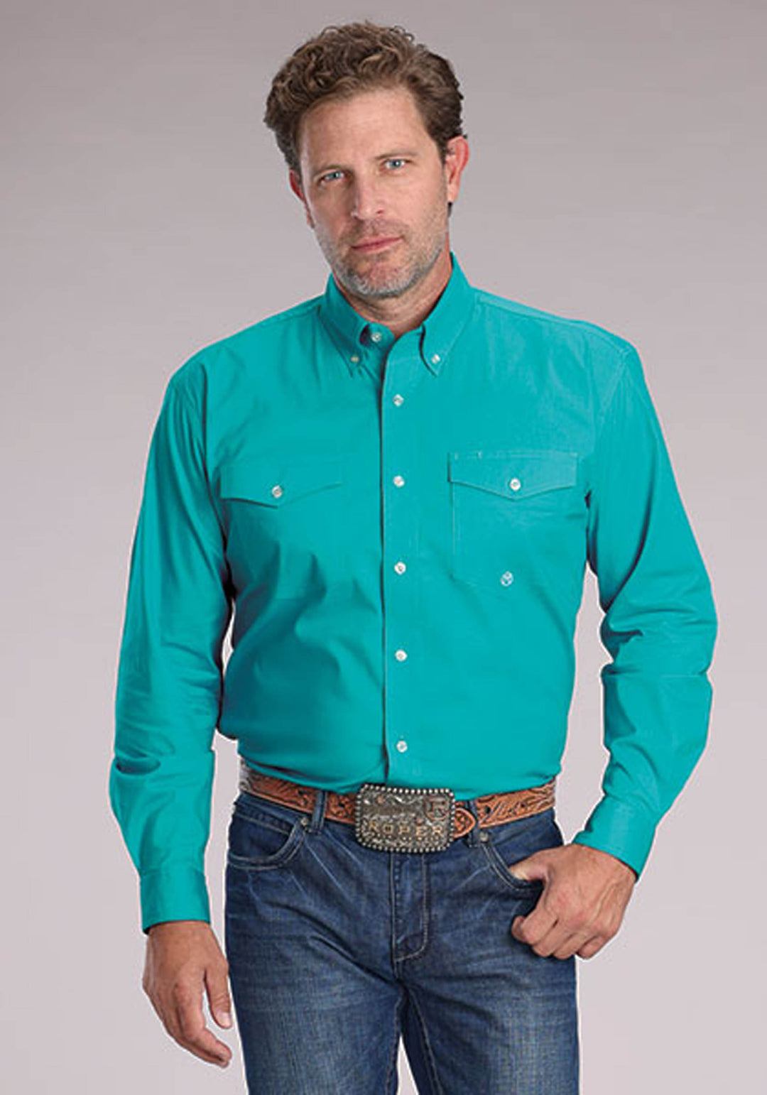 MENS SOLID STRETCH POPLIN - TURQUOISE LONG SLEEVE BUTTON WESTERN SHIRT