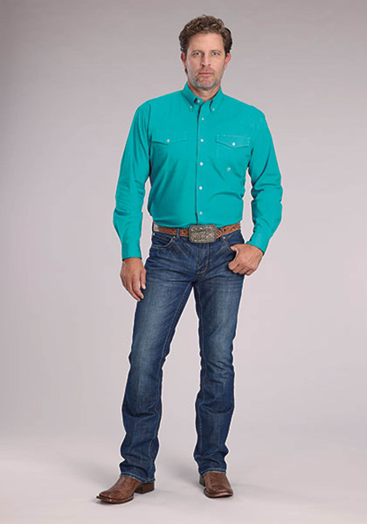 MENS SOLID STRETCH POPLIN - TURQUOISE LONG SLEEVE BUTTON WESTERN SHIRT
