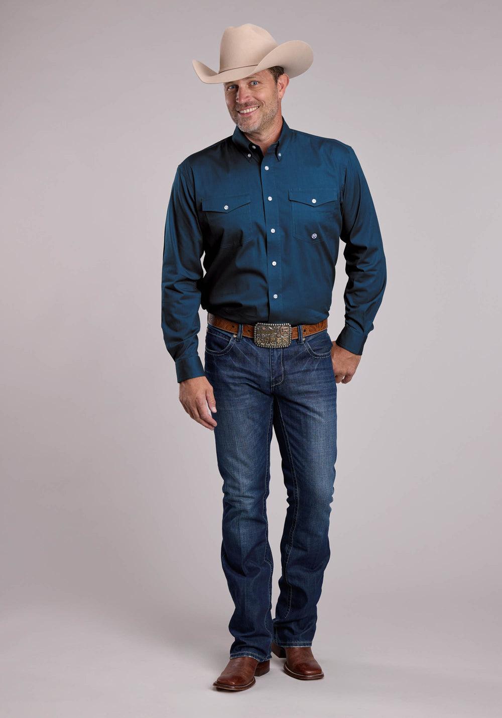 MENS ROPER SOLID STRETCH NAVY LONG SLEEVE BUTTON SHIRT