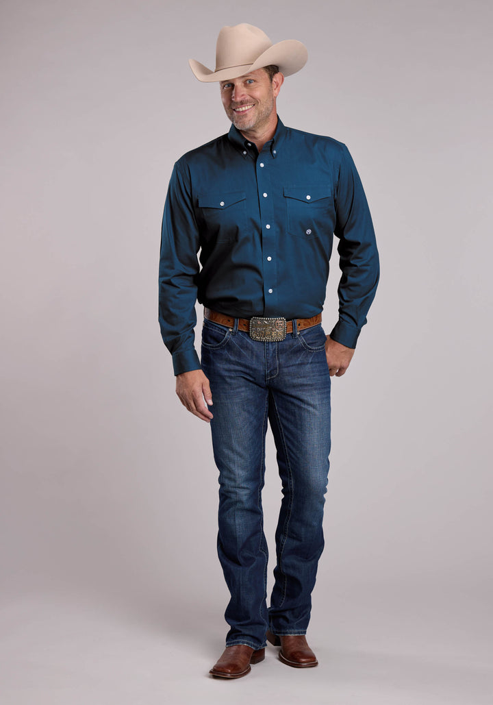 MENS ROPER SOLID STRETCH NAVY LONG SLEEVE BUTTON SHIRT