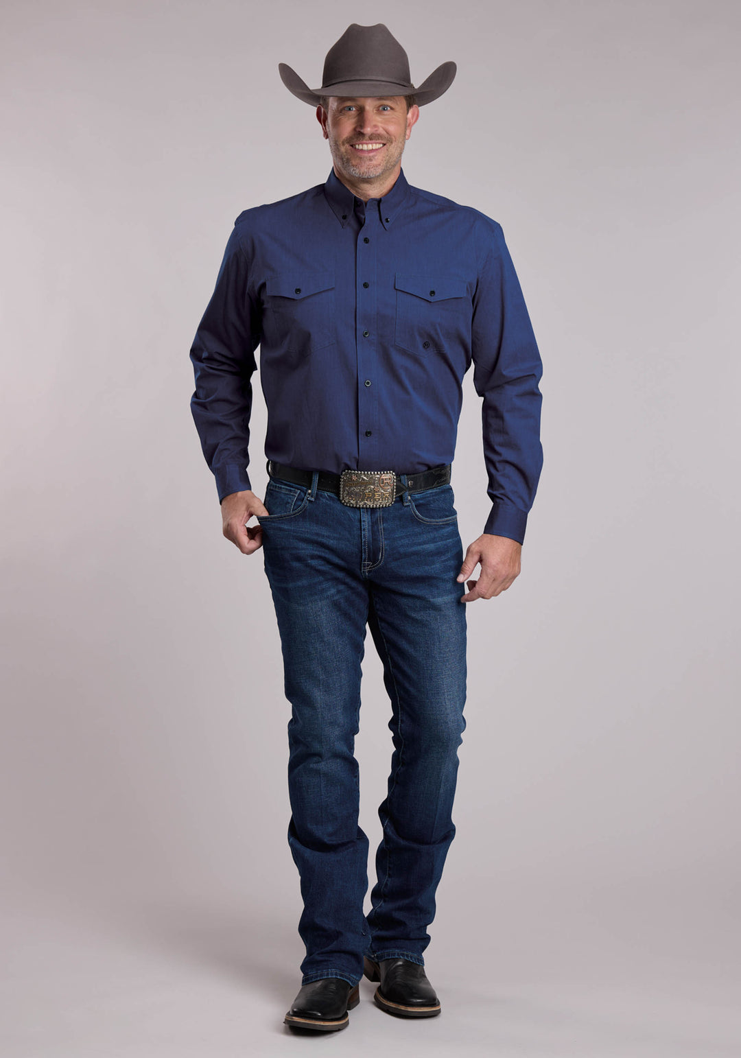 MENS ROPER SOLID POPLIN BLACK FILL AND BLUE WESTERN BUTTON UP SHIRT