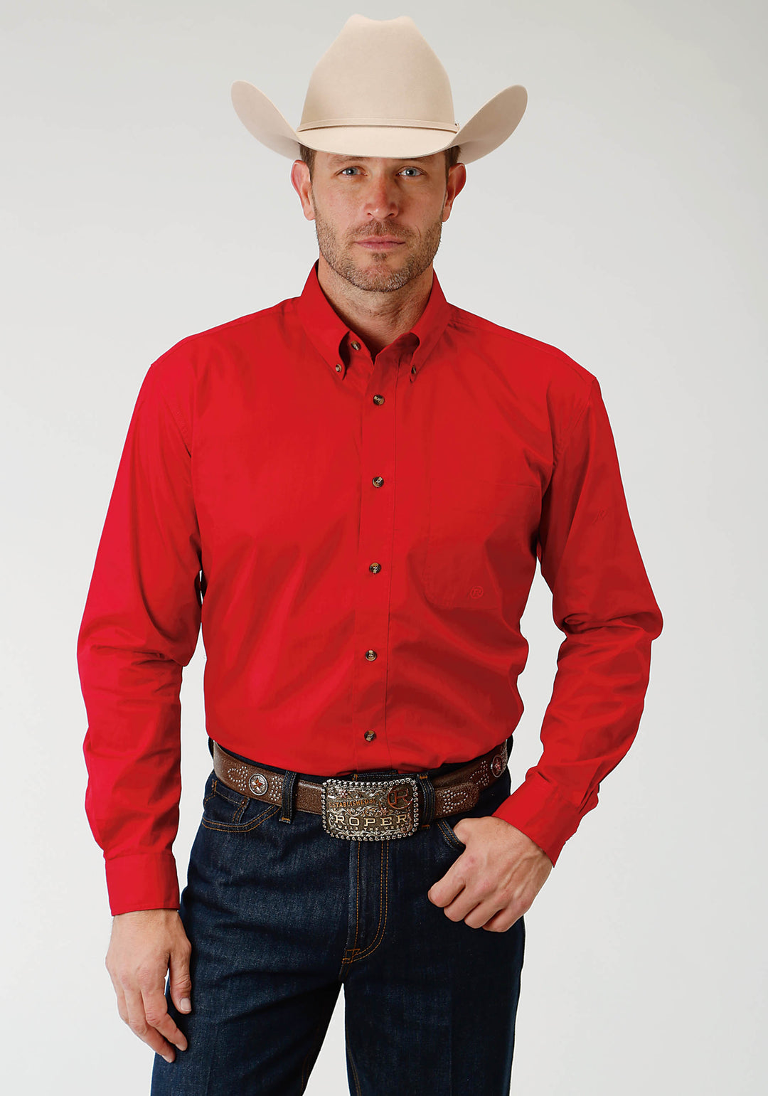 Roper Mens Red Solid Long Sleeve Western Button Shirt, Red / 2XL Roper Mens Red Solid Long Sleeve Western Button Shirt, Red / 2XL