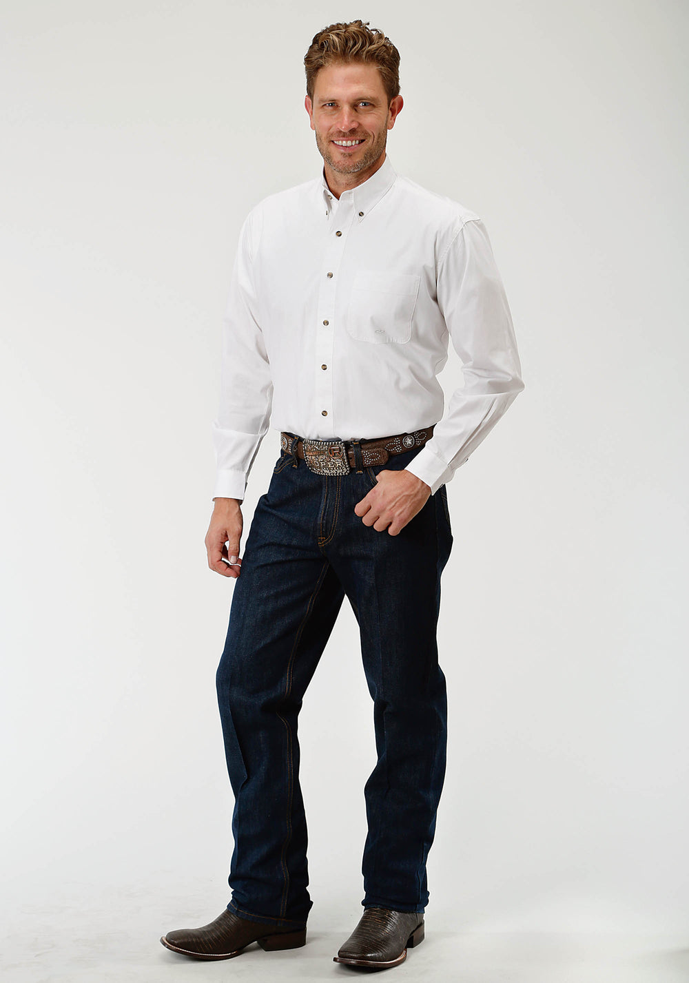 MENS WHITE SOLID LONG SLEEVE WESTERN BUTTON SHIRT
