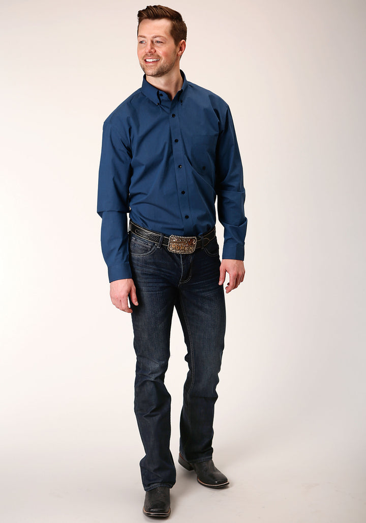 MENS LONG SLEEVE BUTTON BLACK FILL  SOLID BLUE WESTERN SHIRT