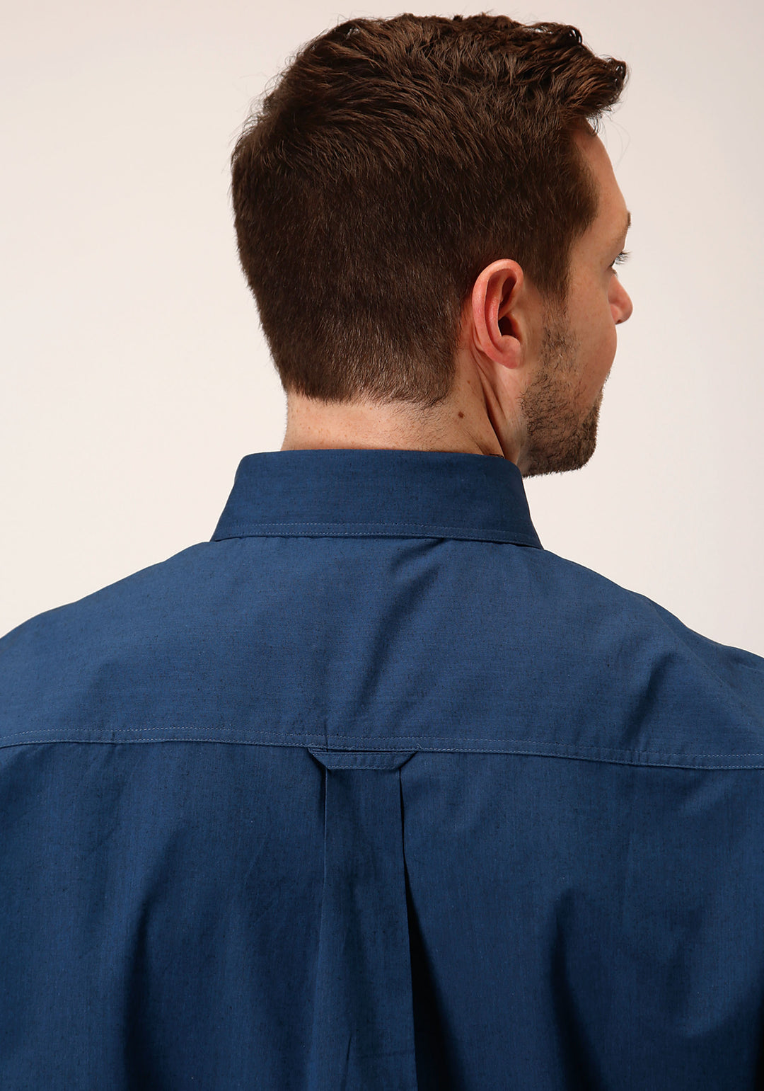 MENS LONG SLEEVE BUTTON BLACK FILL  SOLID BLUE WESTERN SHIRT