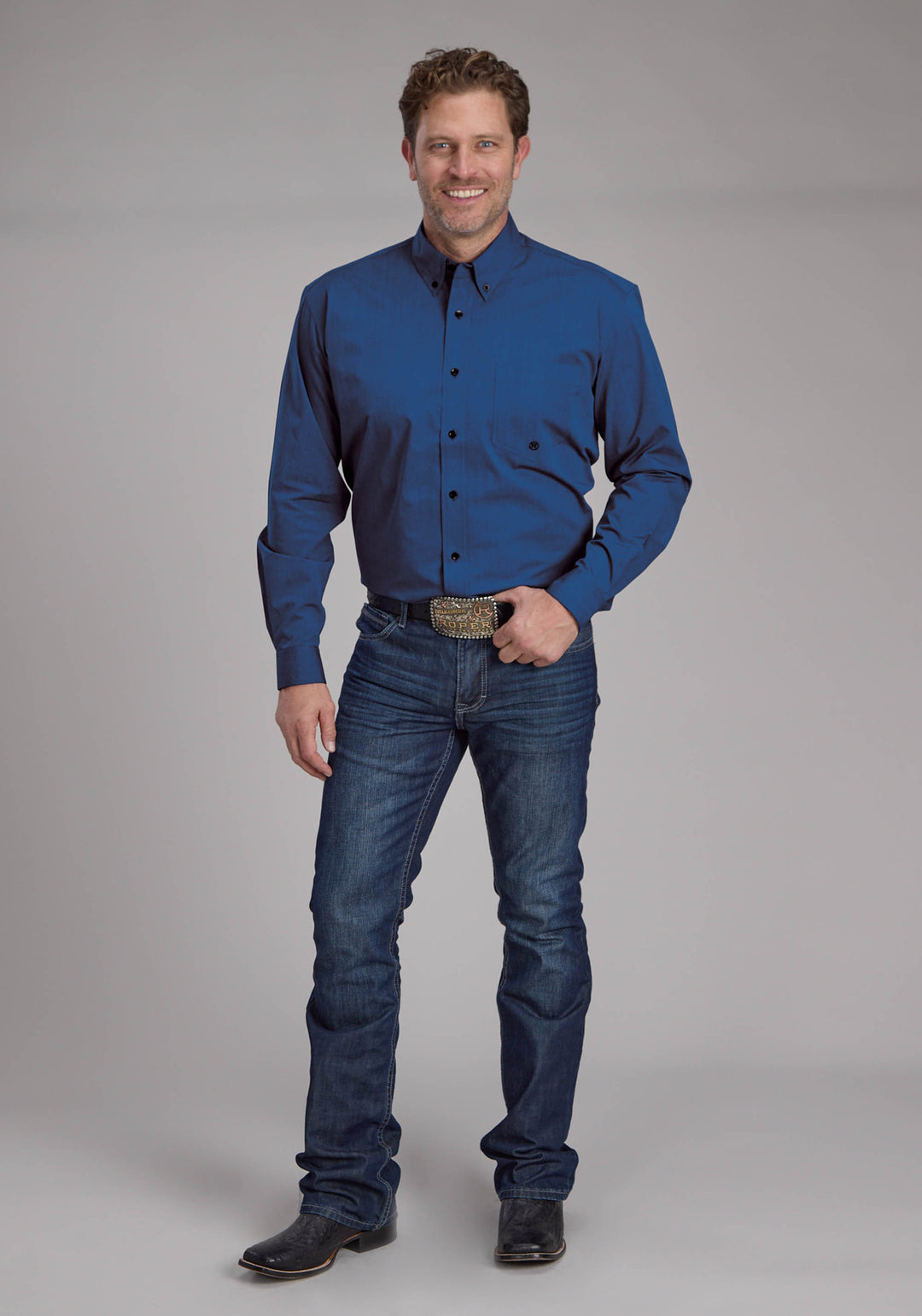MENS BLACK FILL POPLIN - BLUE LONG SLEEVE BUTTON WESTERN SHIRT