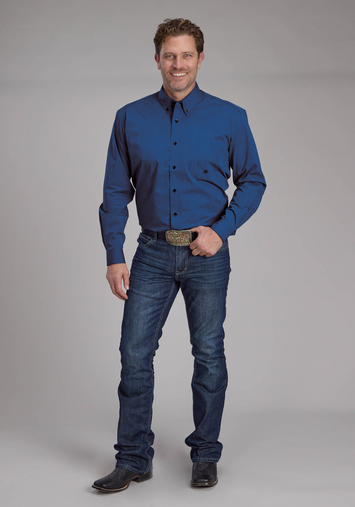 MENS BLACK FILL POPLIN - BLUE LONG SLEEVE BUTTON WESTERN SHIRT