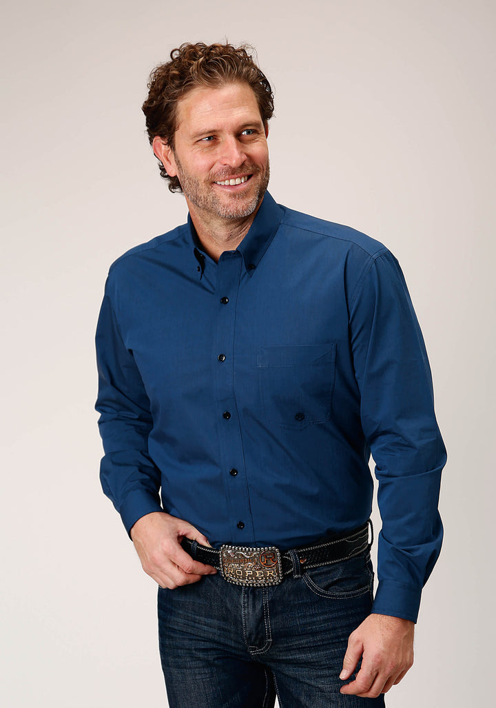 MENS LONG SLEEVE BUTTON BLACK FILL SOLID BLUE WESTERN SHIRT