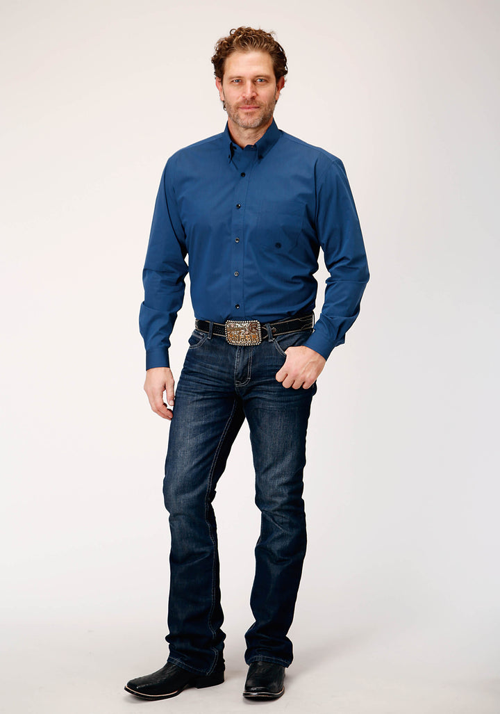 MENS LONG SLEEVE BUTTON BLACK FILL SOLID BLUE WESTERN SHIRT
