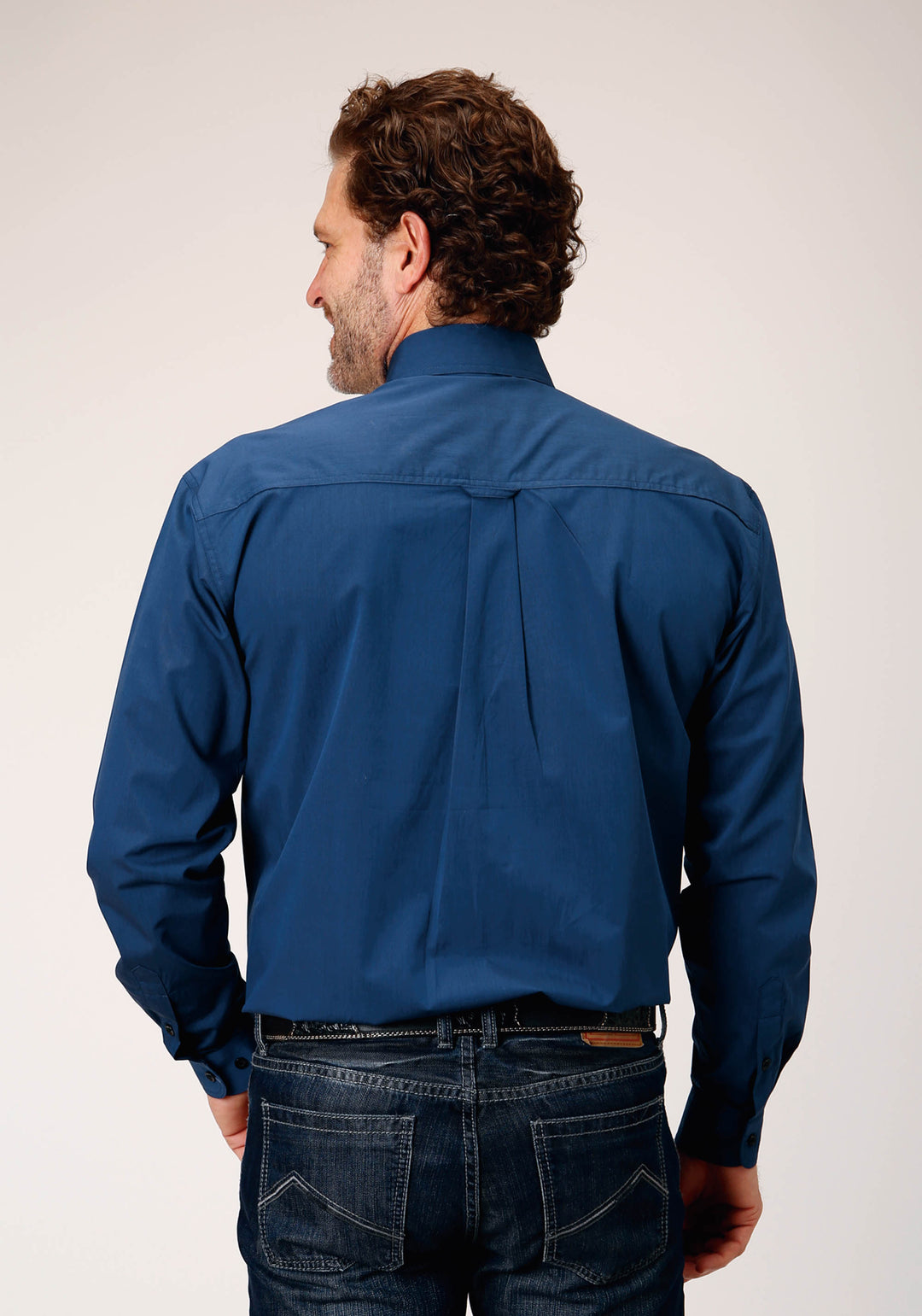 MENS LONG SLEEVE BUTTON BLACK FILL SOLID BLUE WESTERN SHIRT