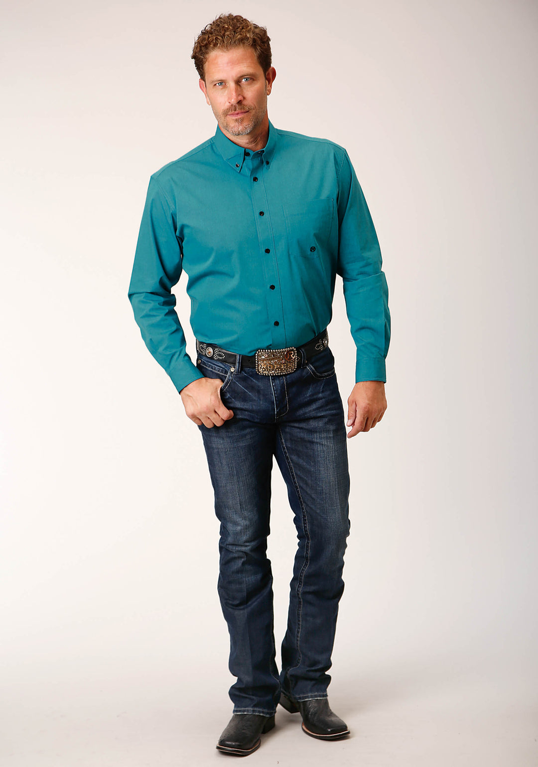 MENS LONG SLEEVE BUTTON BLACK FILL SOLID  TEAL WESTERN SHIRT