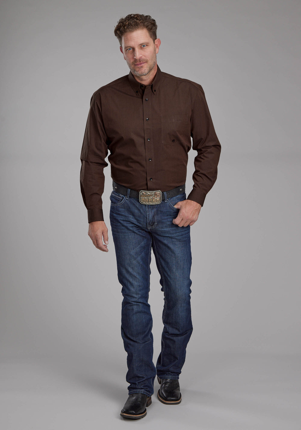 MENS BLACK FILL POPLIN - POLIN BROWN LONG SLEEVE BUTTON WESTERN SHIRT