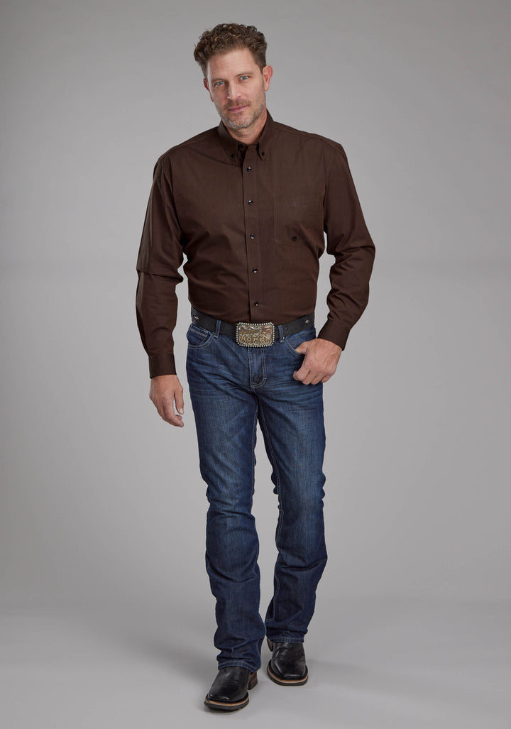 MENS BLACK FILL POPLIN - POLIN BROWN LONG SLEEVE BUTTON WESTERN SHIRT