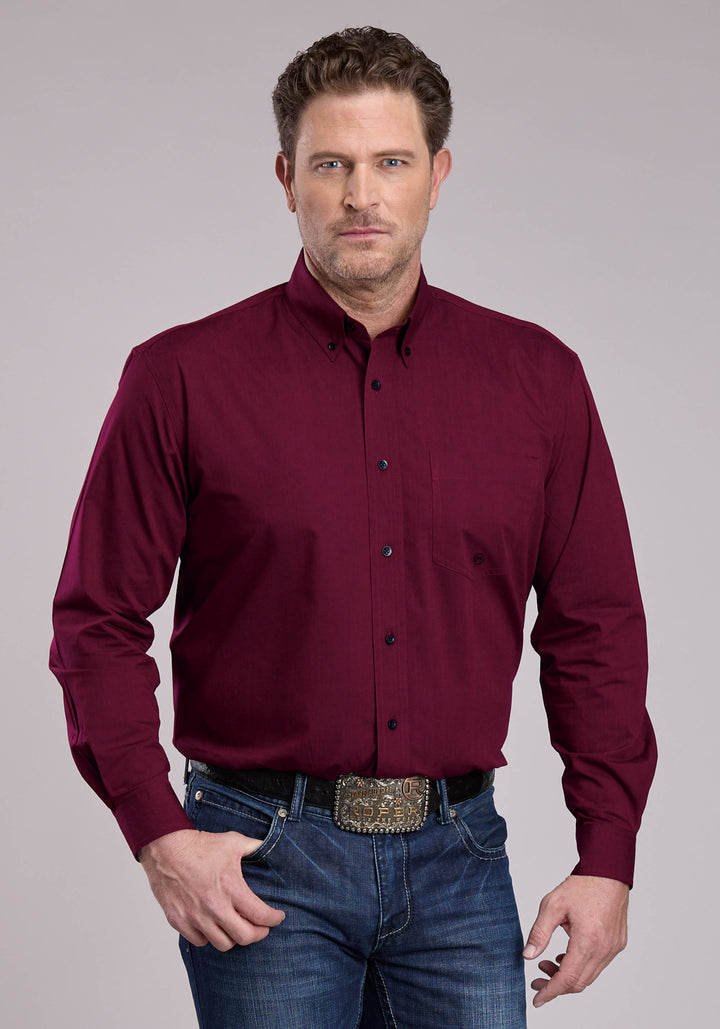 MENS LONG SLEEVE BUTTON BLACK FILL - WINE WESTERN SHIRT