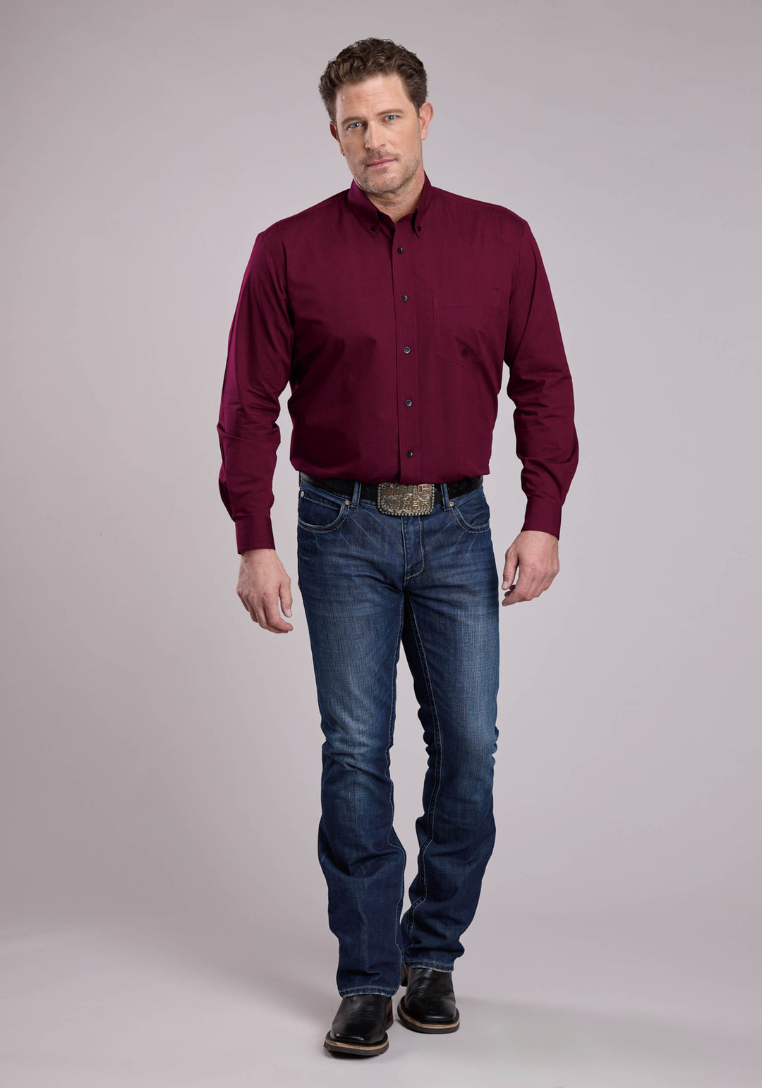 MENS LONG SLEEVE BUTTON BLACK FILL - WINE WESTERN SHIRT