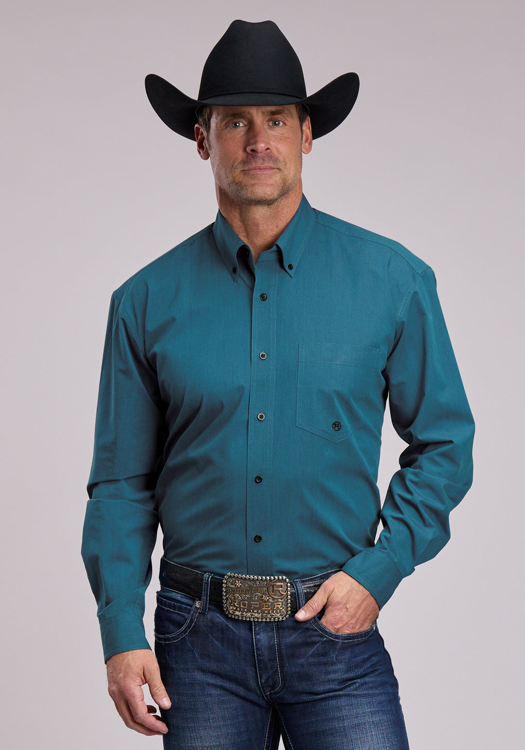 MENS ROPER BLACK FILL TEAL WESTERN BUTTON UP SHIRT