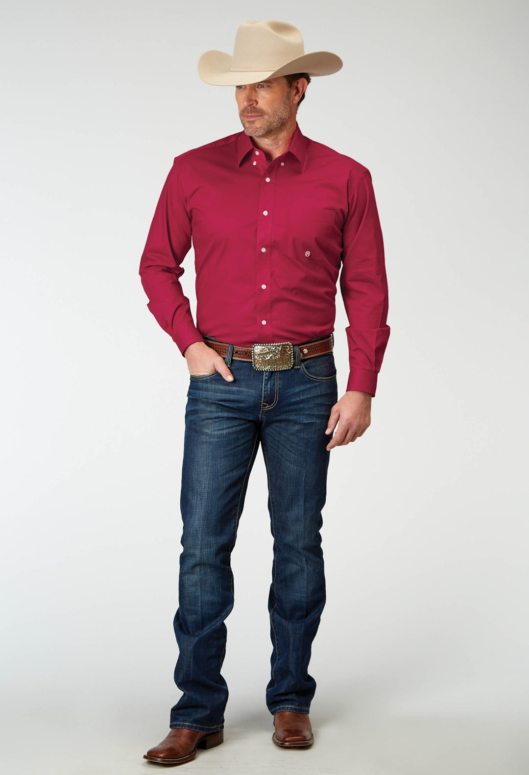 Mens Long Sleeve Button Solid Poplin Stretch Red Western Shirt