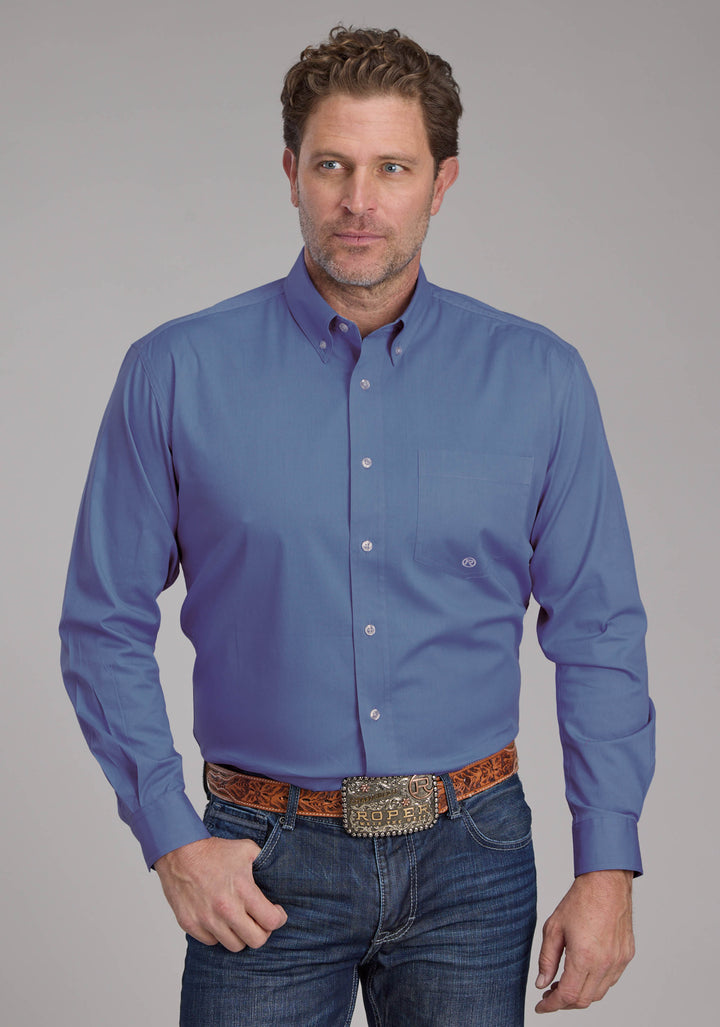 MENS SOLID POPLIN STRETCH - PERIWINKLE LONG SLEEVE BUTTON WESTERN SHIRT