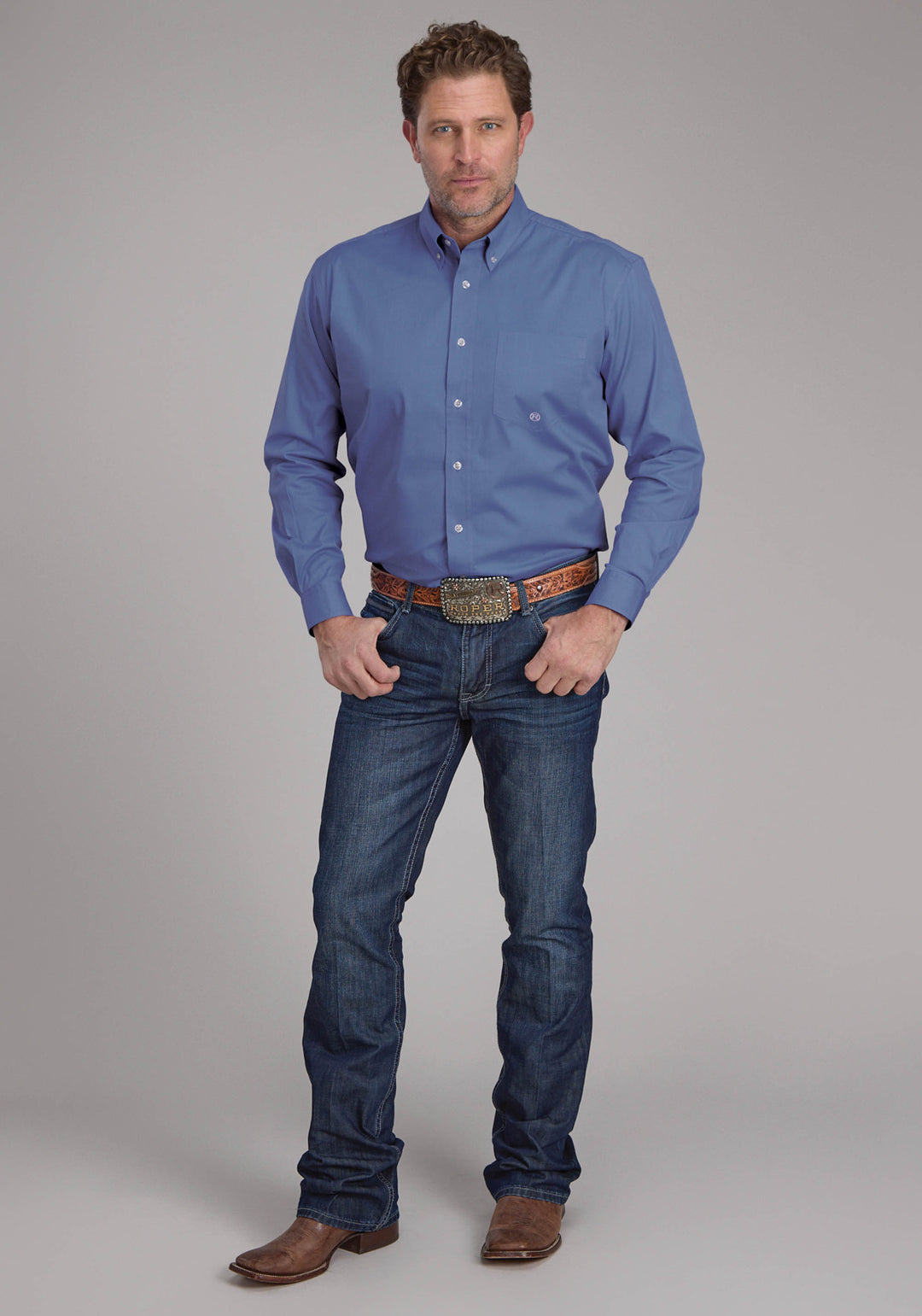 MENS SOLID POPLIN STRETCH - PERIWINKLE LONG SLEEVE BUTTON WESTERN SHIRT