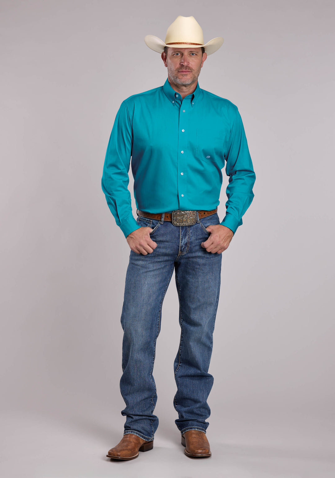 MENS ROPER SOLID STRETCH TURQUOISE LONG SLEEVE BUTTON SHIRT