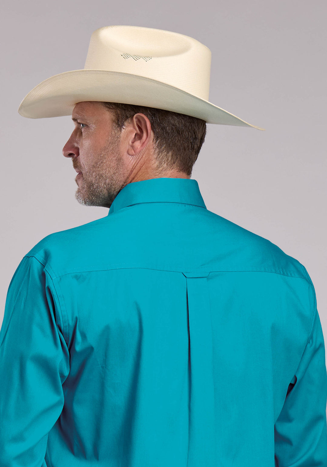 MENS ROPER SOLID STRETCH TURQUOISE LONG SLEEVE BUTTON SHIRT