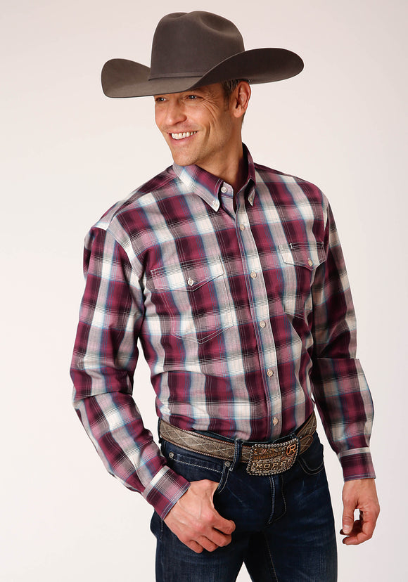 MENS LONG SLEEVE BUTTON WINE PLAID WESTERN SHIRT