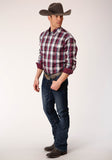 MENS LONG SLEEVE BUTTON WINE PLAID WESTERN SHIRT