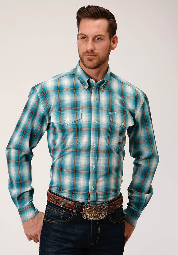 MENS LONG SLEEVE BUTTON TEAL OMBRE WESTERN SHIRT