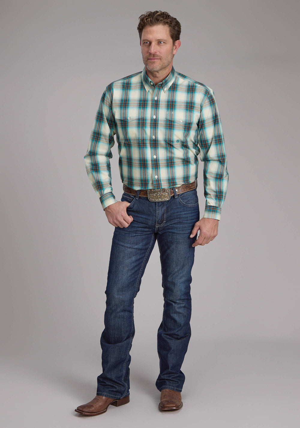 MENS TAOS OMBRE PLAID LONG SLEEVE BUTTON WESTERN SHIRT