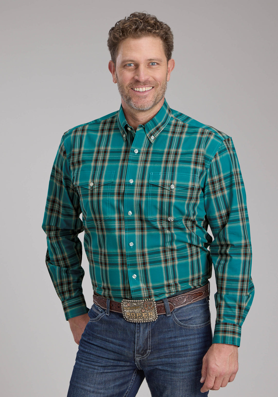 MENS REAL TEAL PLAID LONG SLEEVE BUTTON WESTERN SHIRT