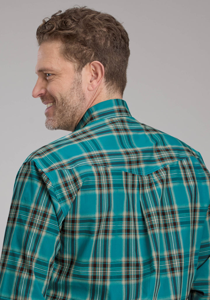MENS REAL TEAL PLAID LONG SLEEVE BUTTON WESTERN SHIRT