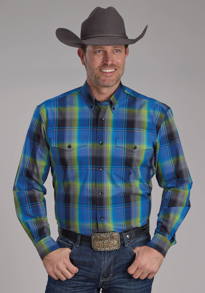 MENS COBALT PLAID LONG SLEEVE BUTTON WESTERN SHIRT